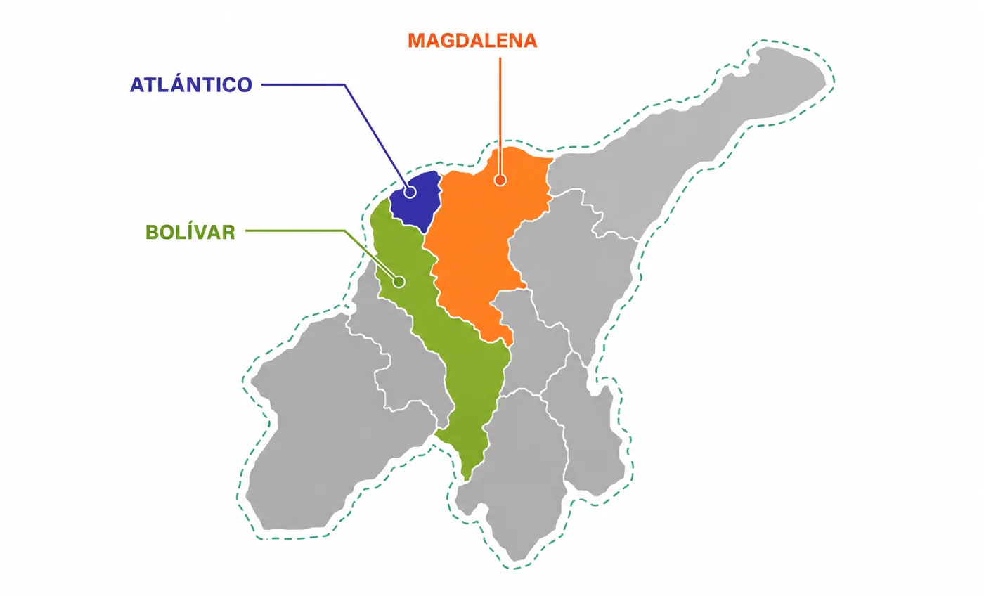 Map of the Colombian Caribbean highlighting the departments of Atlántico, Magdalena and Bolívar, with Barranquilla marked as the site location.