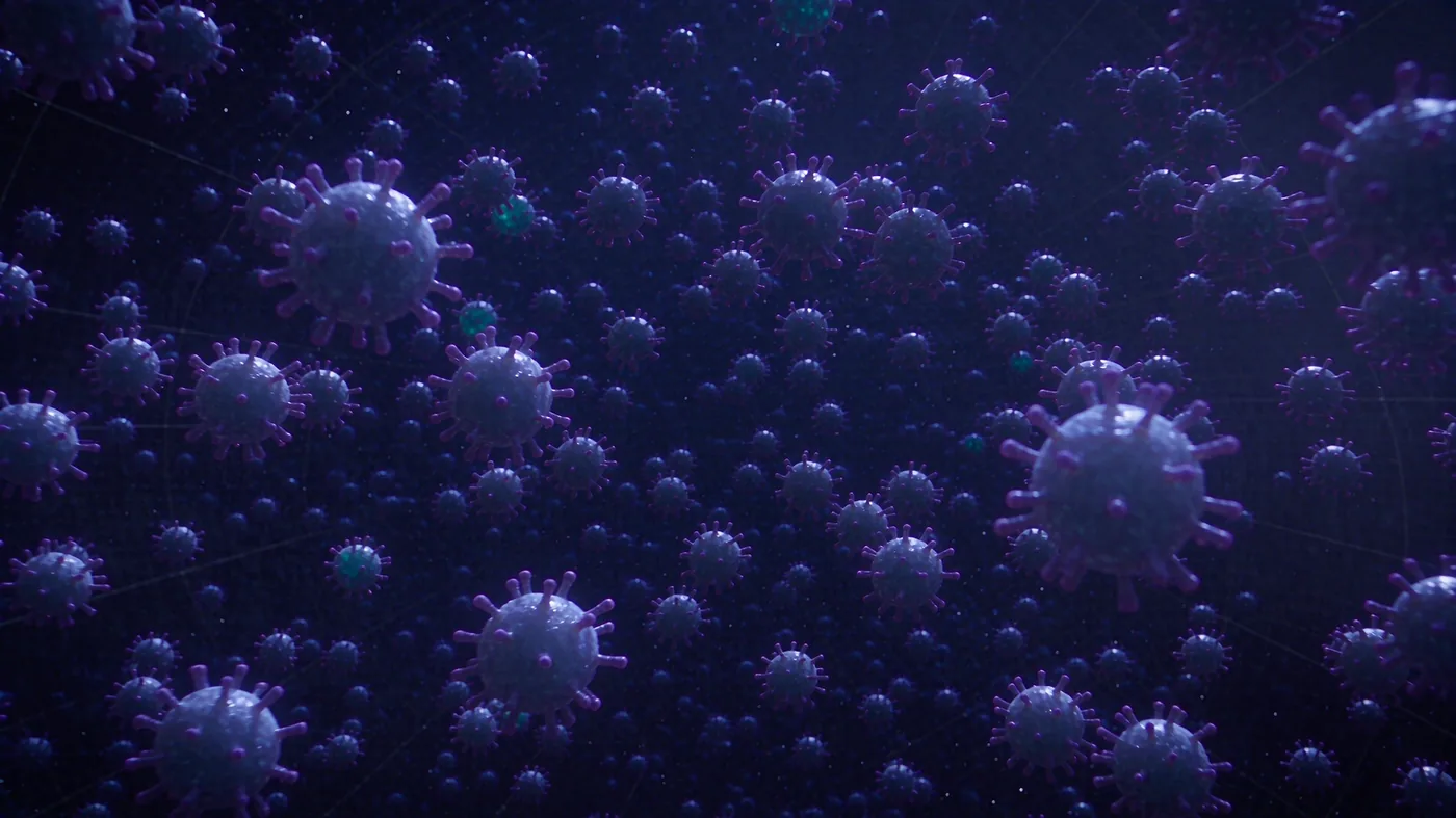Macro rendering of viral particles on a dark background.